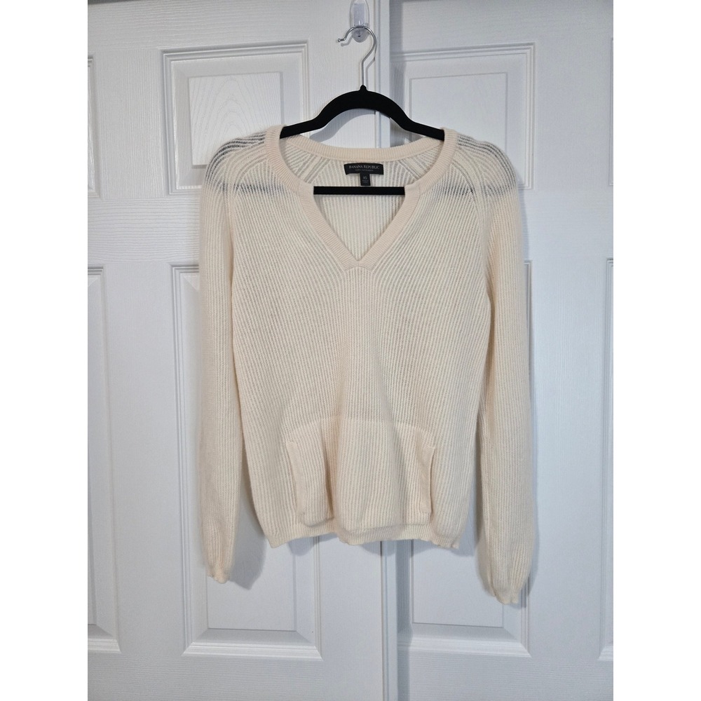 Banana Republic Ivory 100% Cashmere Ribbed V-Neck Kangaroo Pocket Sweater XS